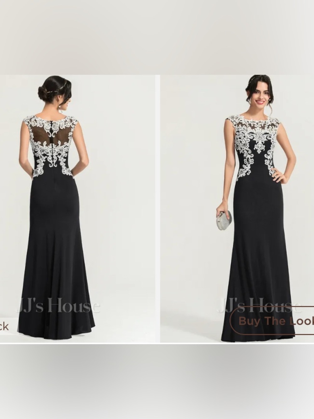 JJs House Formal Black Maxi Dress with White Lace Appliqué